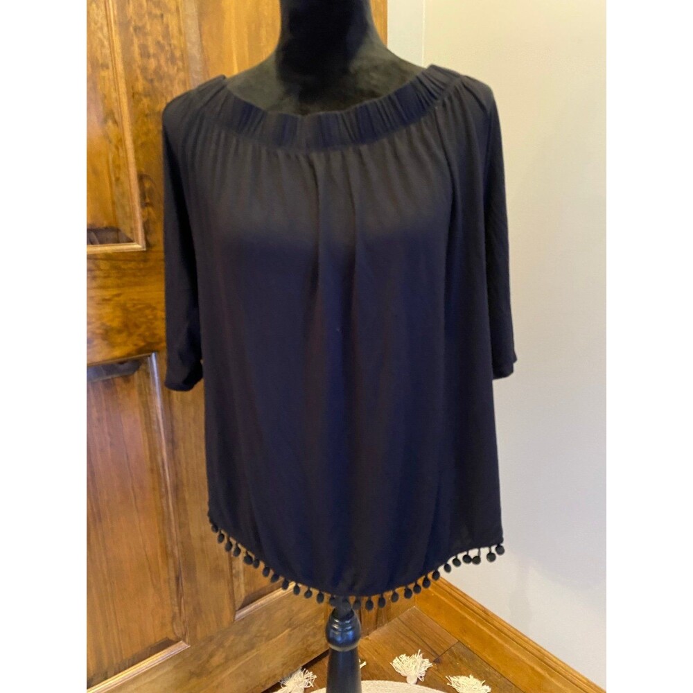 Pebble & Rose? Womens Black Plus Sz 2X Off Shoulder Stretch Top Blouse‎ Pom Pom